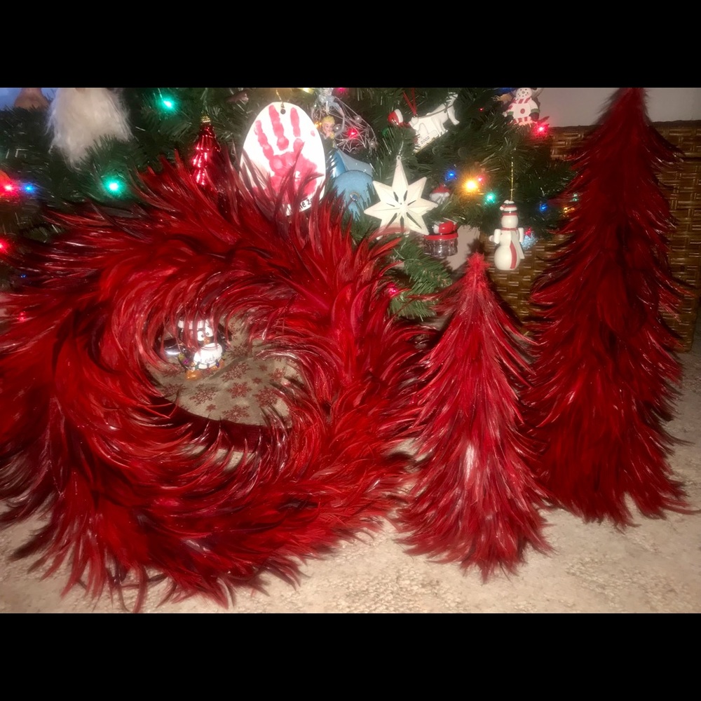 better homes and gardens Christmas red feather wreath and trees lightweight